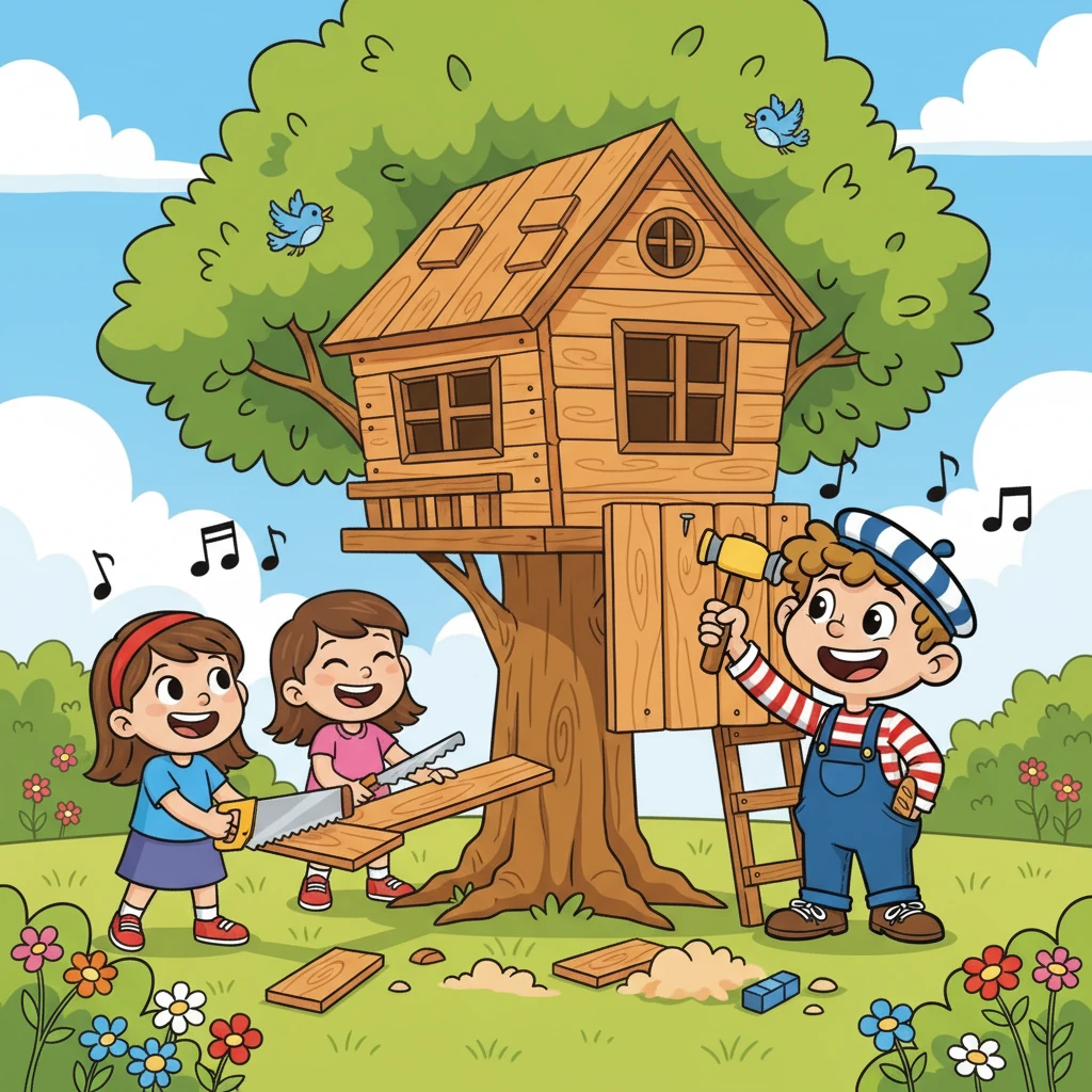 Ensemble, ils ont travaillé d'arrache-pied, riant et chantant. Émile, encouragé par l'enthousiasme de ses sœurs, a appris à manier le marteau et les clous. La cabane prenait forme, un véritable chef-d'œuvre de collaboration.