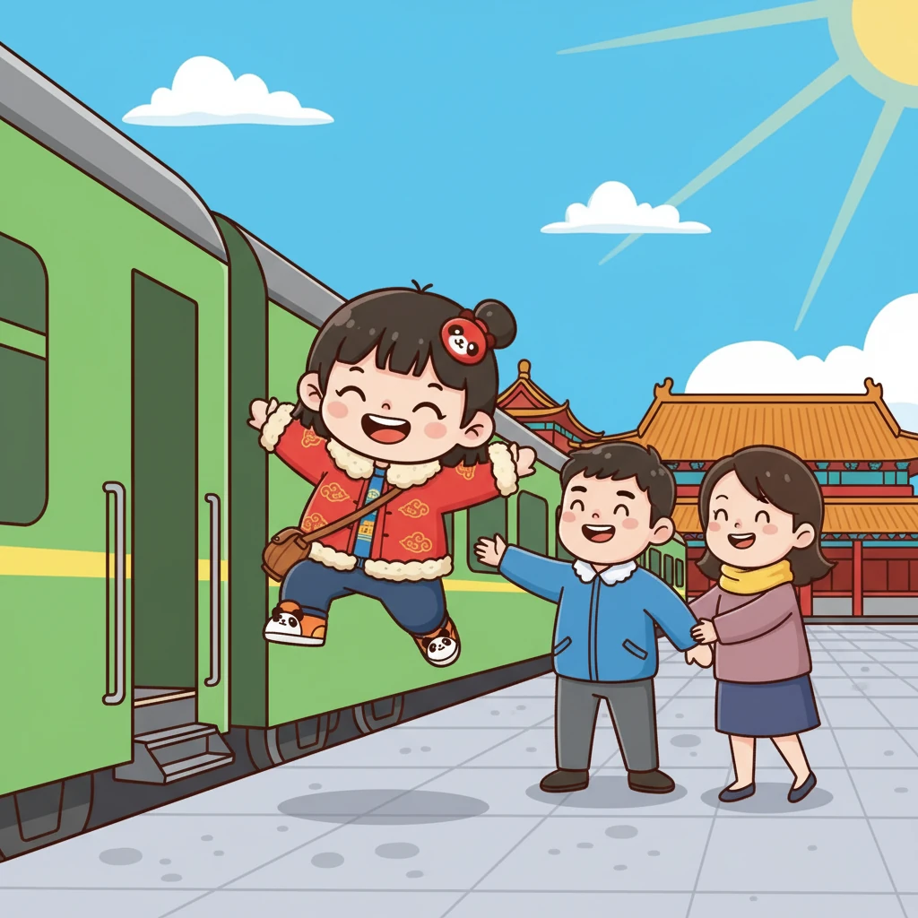 一家三口抵达北京，秋宝兴奋地跳下火车，爸爸妈妈笑着迎接她。北京的天空湛蓝，阳光明媚，预示着一个美好的旅程。