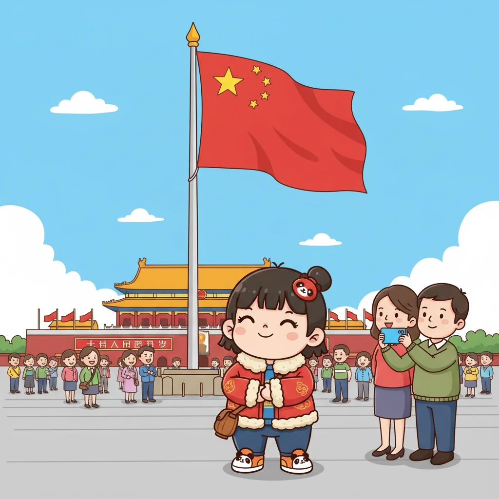 第一站，他们来到了雄伟的天安门广场。秋宝站在广场上，仰望着高耸的旗杆，脸上写满了敬畏和兴奋。爸爸妈妈在旁边为她拍照留念。