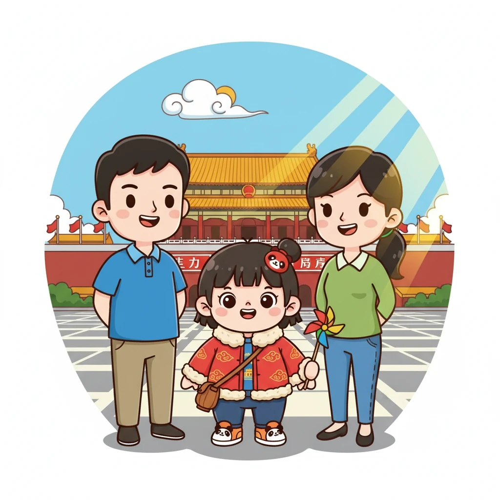 在天安门前，秋宝和爸爸妈妈一起，对着镜头露出了开心的笑容。阳光洒在他们的脸上，构成了一幅温馨的画面。秋宝手里拿着一个可爱的小风车。