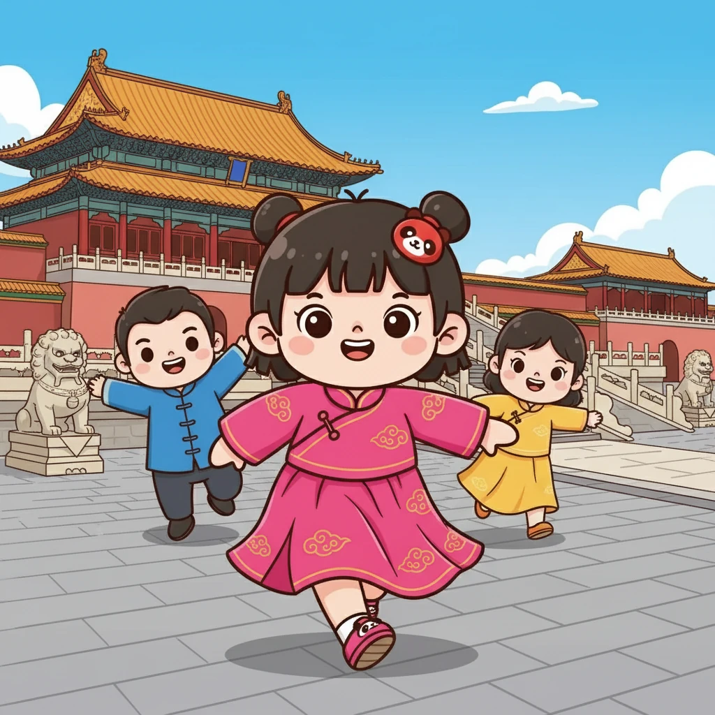 他们来到了故宫，红墙黄瓦，气势恢宏。秋宝穿着漂亮的裙子，开心地在宫殿前跑来跑去，爸爸妈妈在后面追赶着她，欢笑声回荡在古老的宫殿里。
