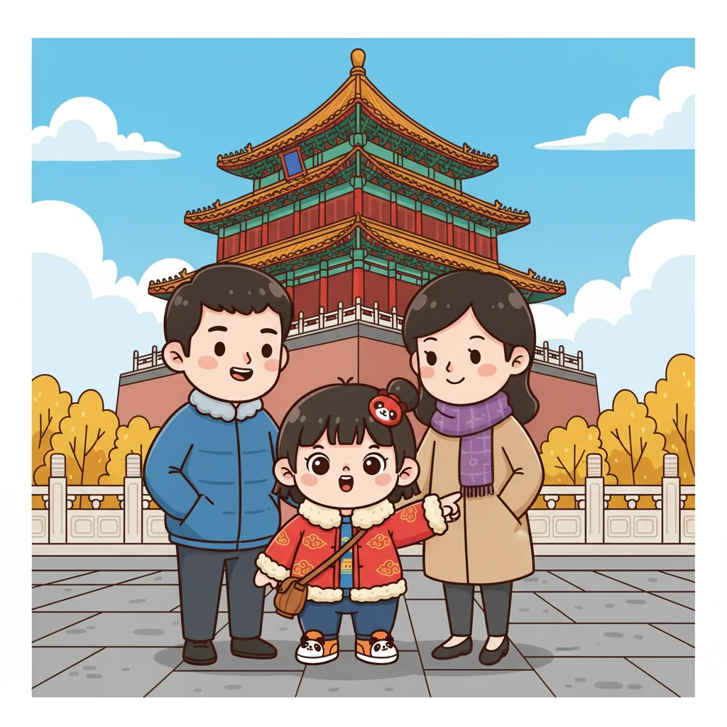 在故宫的角楼前，秋宝和爸爸妈妈一起合影。秋宝指着角楼，好奇地问着问题，爸爸妈妈耐心地解答着，一家人其乐融融。