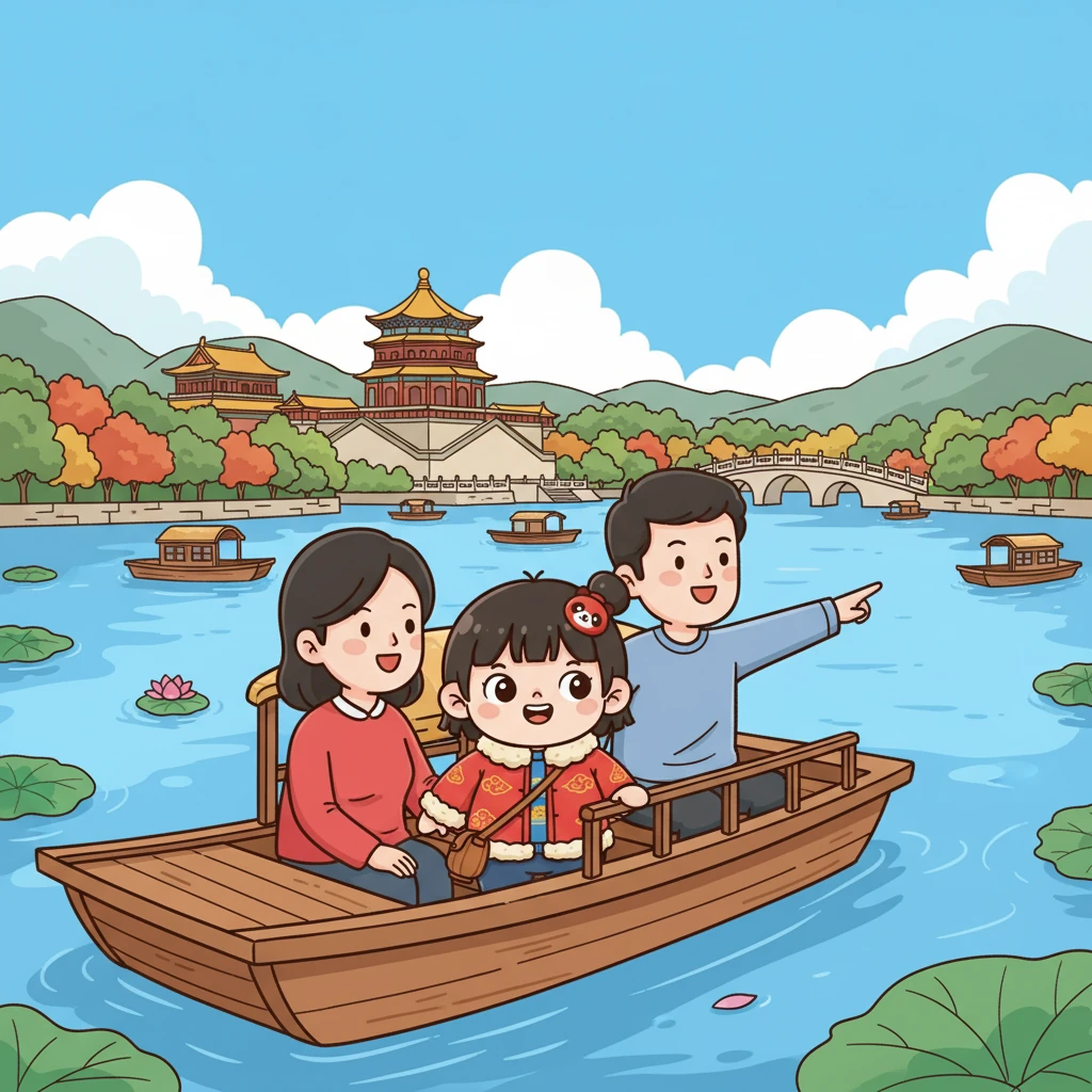 他们来到了颐和园，美丽的湖光山色让秋宝流连忘返。秋宝坐在游船上，好奇地看着周围的景色，爸爸妈妈在旁边为她讲解。