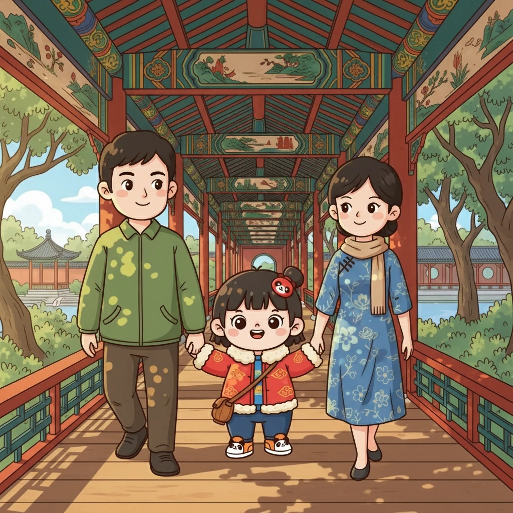 在颐和园的长廊上，秋宝和爸爸妈妈一起散步，阳光透过树枝，洒在他们的身上，留下斑驳的光影。他们边走边聊，享受着温馨的亲子时光。