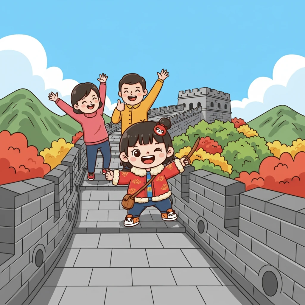 他们来到了八达岭长城，秋宝兴奋地爬上长城，像个勇敢的小战士一样。爸爸妈妈在后面鼓励着她，为她加油。