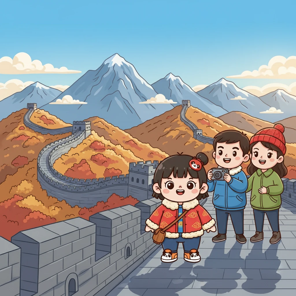 在长城上，秋宝站在高处，眺望着远方，仿佛看到了祖国的壮丽山河。爸爸妈妈在旁边为她拍照，记录下这难忘的时刻。