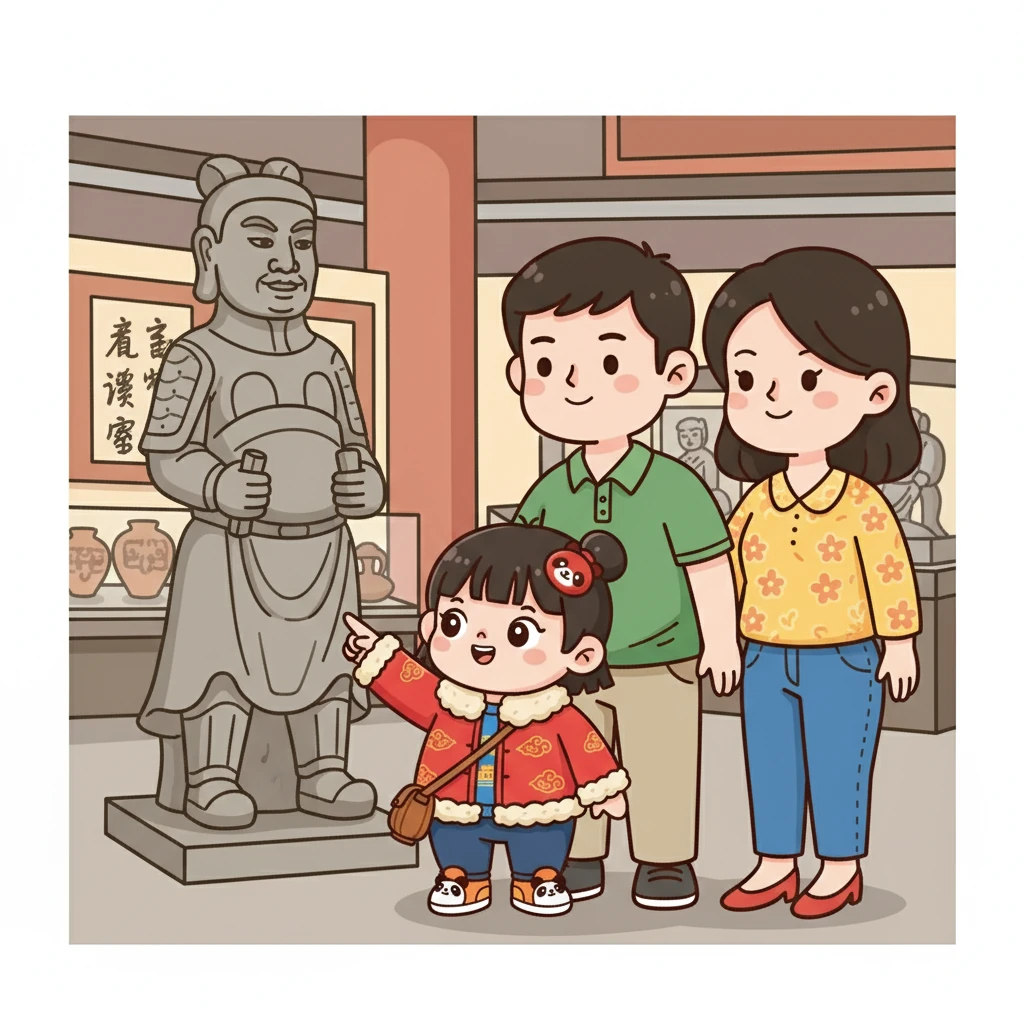 在国家博物馆里，秋宝和爸爸妈妈一起，站在古代雕塑前合影。秋宝指着雕塑，问着各种问题，爸爸妈妈耐心地解答着。