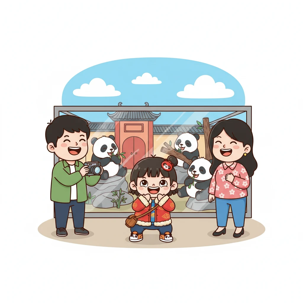 在熊猫馆前，秋宝和爸爸妈妈一起，对着可爱的熊猫拍照留念。秋宝模仿着熊猫的动作，逗得爸爸妈妈哈哈大笑。