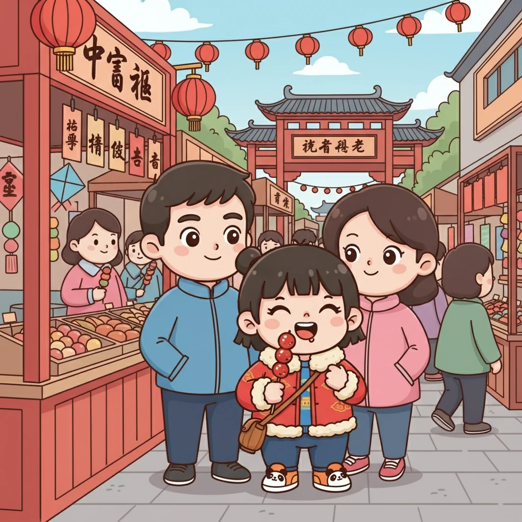 他们品尝了北京特色小吃，秋宝吃着糖葫芦，脸上洋溢着幸福的笑容。爸爸妈妈在旁边看着她，心里充满了甜蜜。