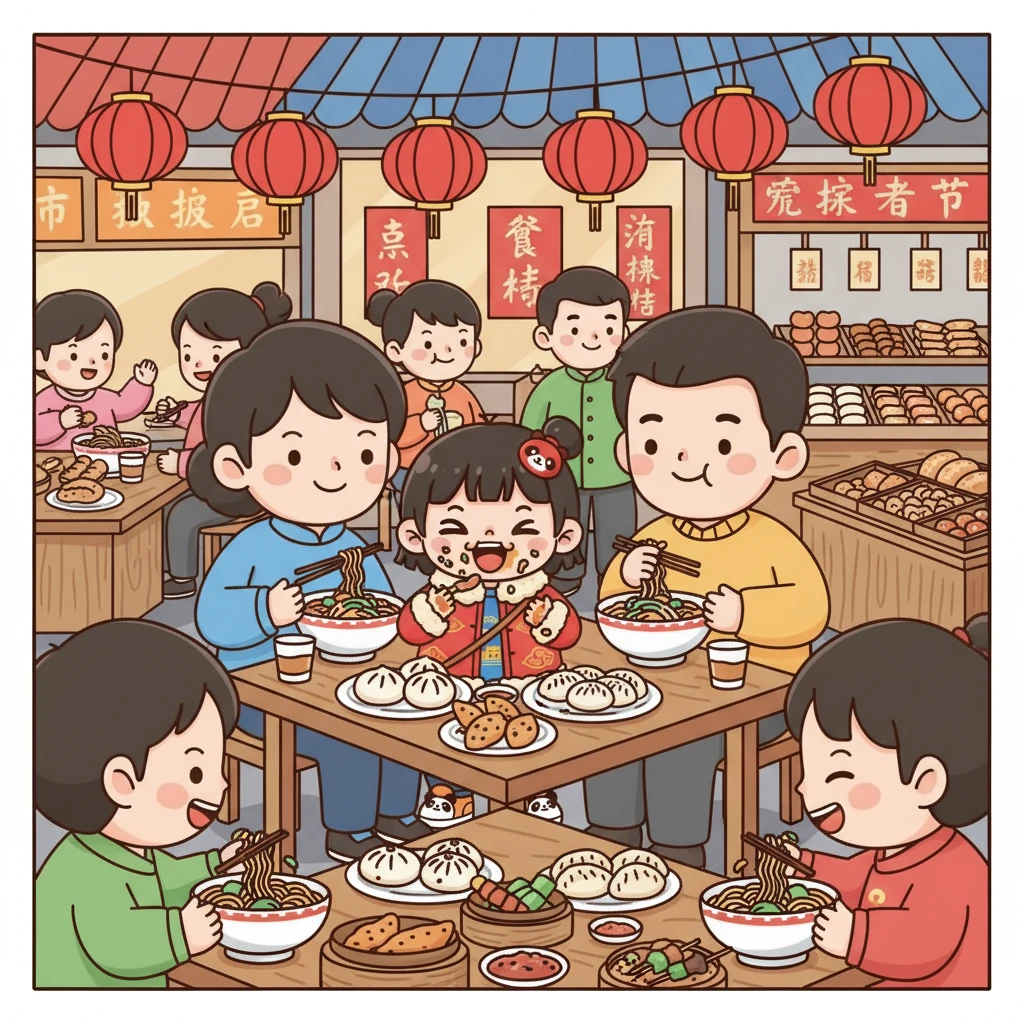 在一家热闹的小吃店里，秋宝和爸爸妈妈一起品尝着各种美食，享受着北京的美食文化。秋宝吃得满脸都是，可爱极了。