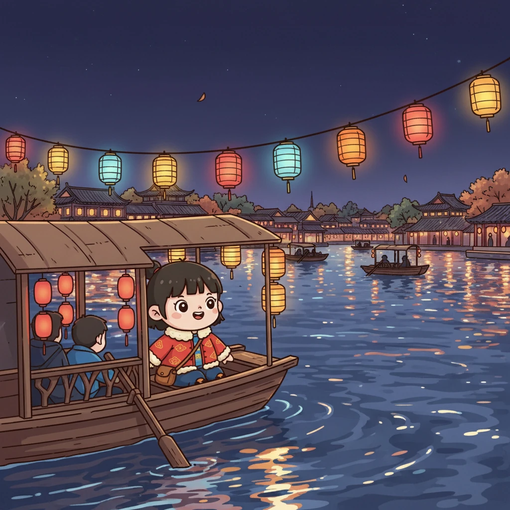 晚上，他们来到什刹海，欣赏着美丽的夜景。秋宝坐在船上，看着灯光倒映在水面上，感受着北京的浪漫。