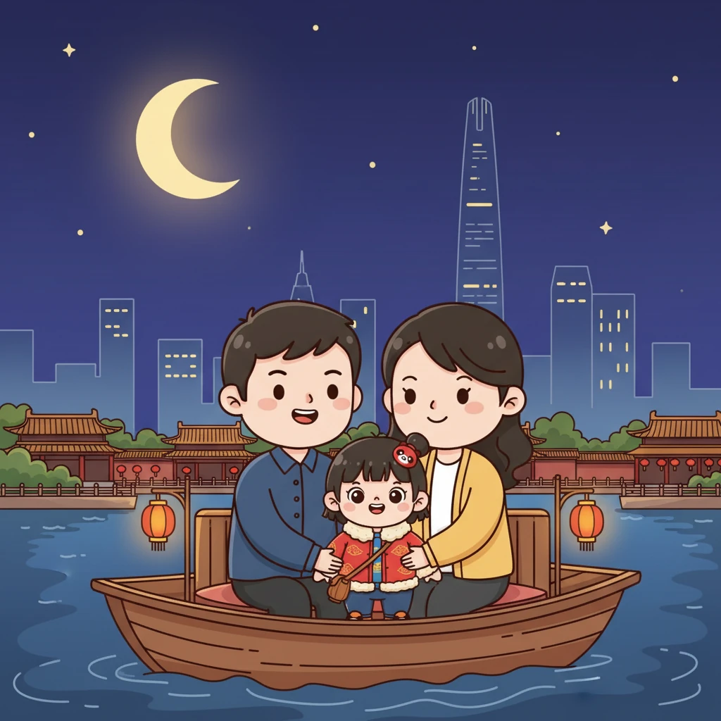 在什刹海的游船上，秋宝和爸爸妈妈一起合影，夜色下的北京显得更加迷人。秋宝靠在爸爸妈妈的怀里，感受着家的温暖。