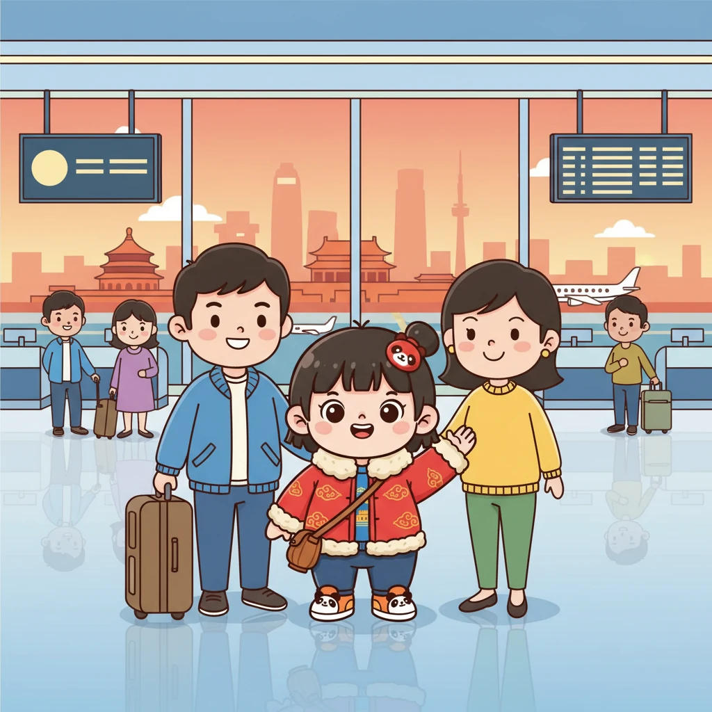 旅程即将结束，秋宝和爸爸妈妈一起在机场合影留念。秋宝依依不舍地挥手告别北京，期待着下一次的相遇。