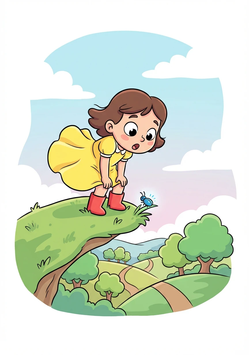 Little Antoinette stood atop a grassy hill, her bright yellow dress billowing in the breeze. Below, a vast valley stretched out before her, dotted with trees and winding paths. But Antoinette wasn't looking at the grand view; her eyes were fixed on something much smaller.