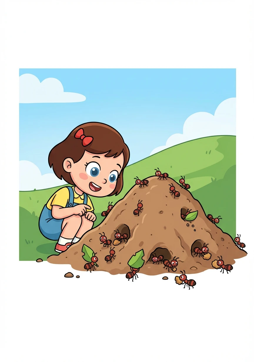 At the base of the hill, near her feet, was an ant hill bustling with activity. Tiny ants scurried in and out, carrying bits of leaves and crumbs of dirt. Antoinette leaned closer, fascinated by their tireless work.