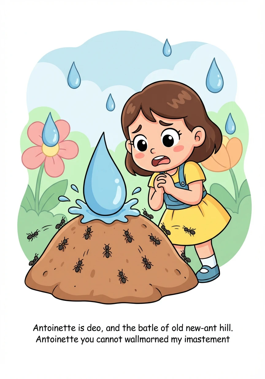 Suddenly, a raindrop splashed onto the ant hill, causing a momentary panic. The ants scattered, seeking shelter from the unexpected shower. Antoinette felt a pang of sympathy for the tiny creatures.