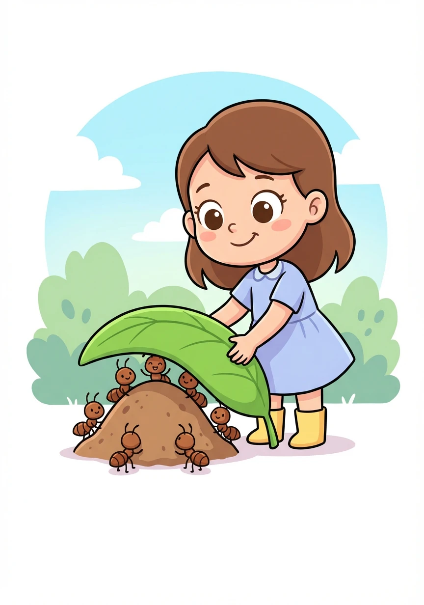 She quickly grabbed a large leaf from a nearby bush and carefully placed it over the ant hill, creating a makeshift roof. The ants slowly emerged, seemingly grateful for her kindness.