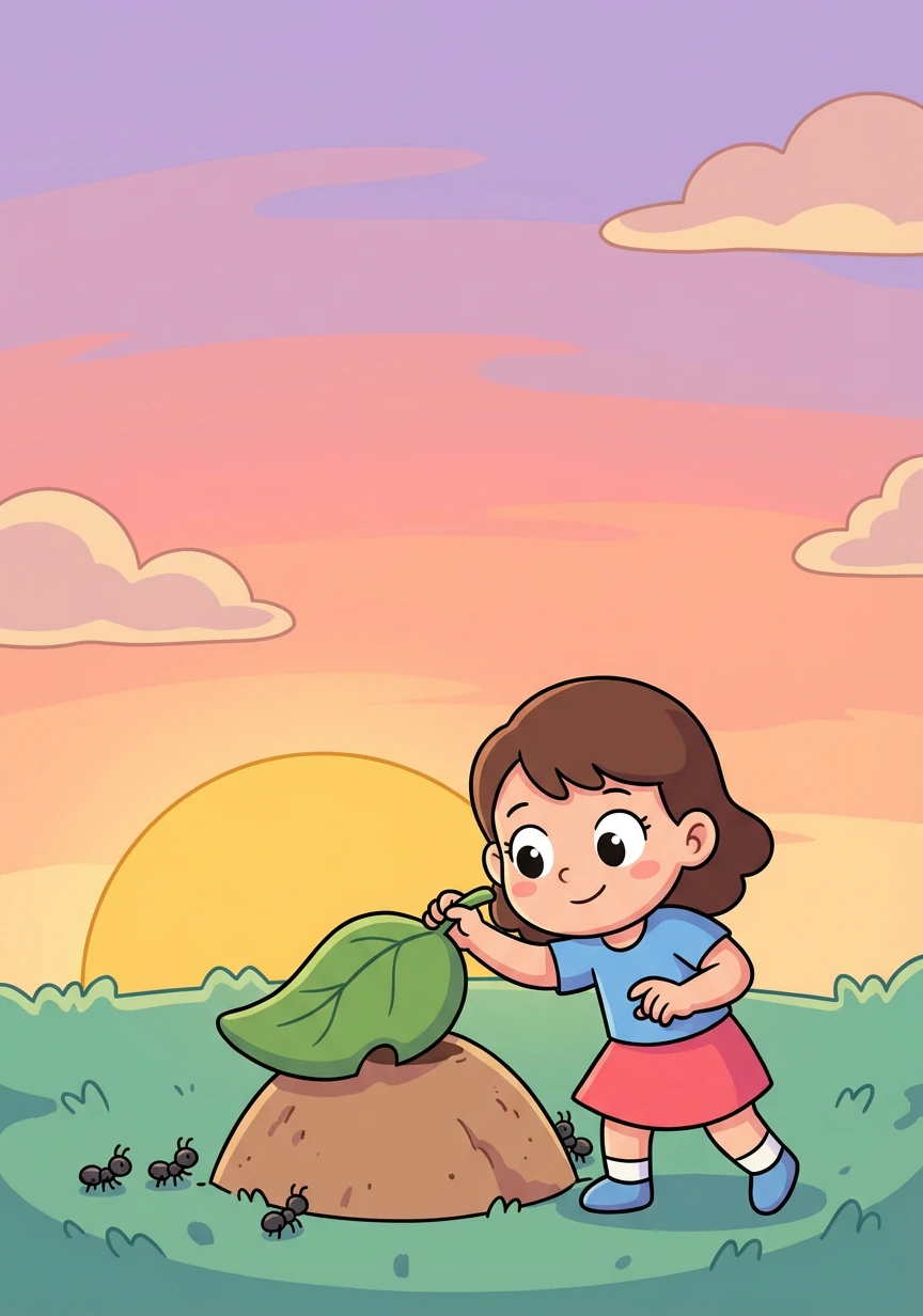 As the sun began to set, painting the sky in hues of orange and pink, Antoinette decided it was time to head home. She gently removed the leaf, leaving the ant hill to its own devices.