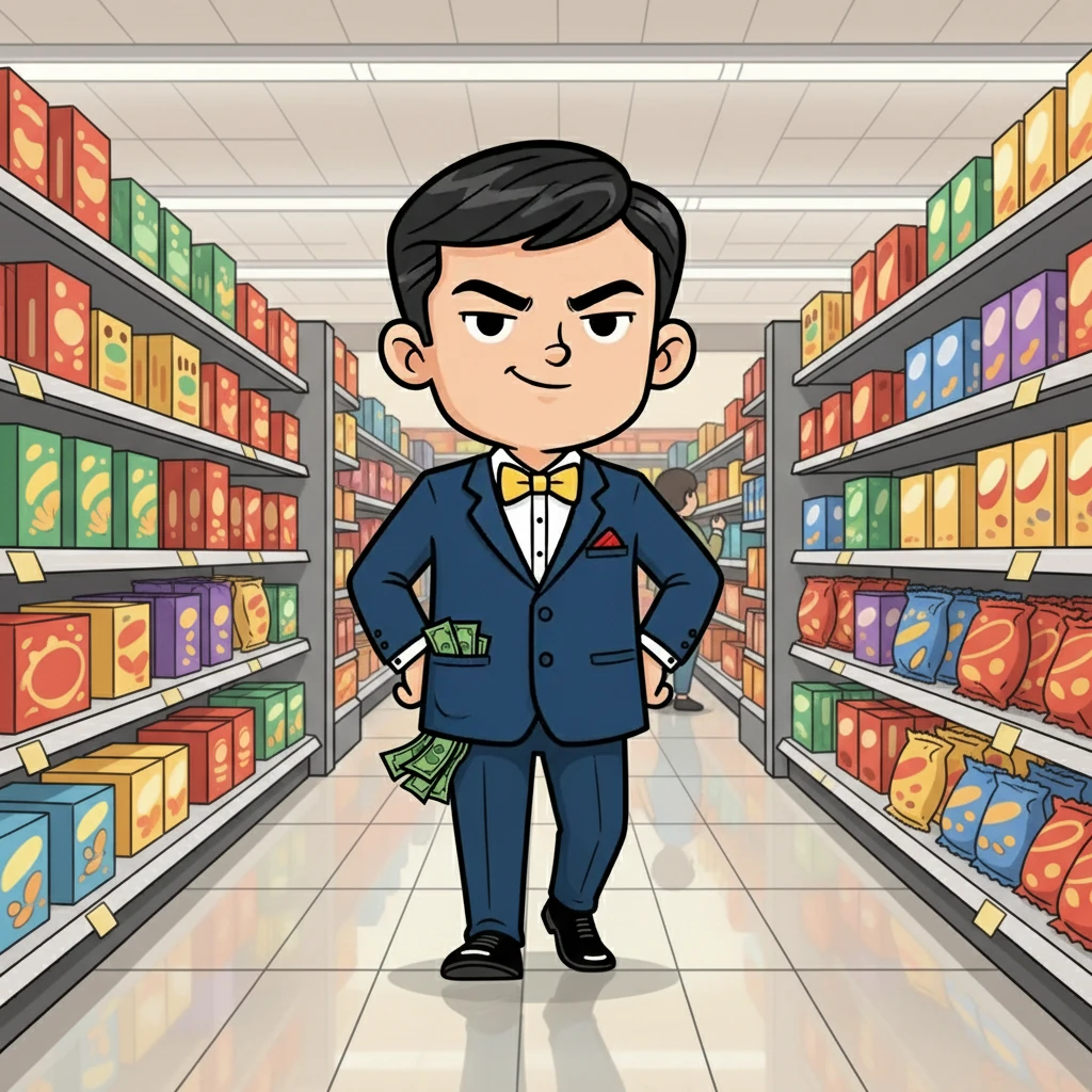 Alex, dressed in a miniature CEO suit, strides confidently through the supermarket aisles. He's got a mission: to buy the perfect snack. His eyes scan the shelves, looking for the best deals, his pocket bulging with cash.
