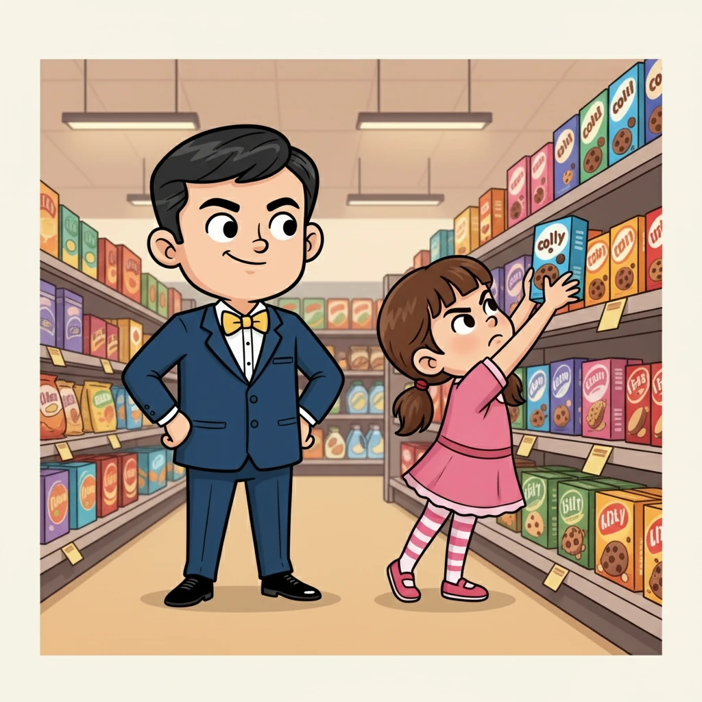 Across the aisle, a little girl named Lily struggles to reach a box of cookies. Her face is a mix of determination and frustration. Alex watches her, a plan forming in his mind.