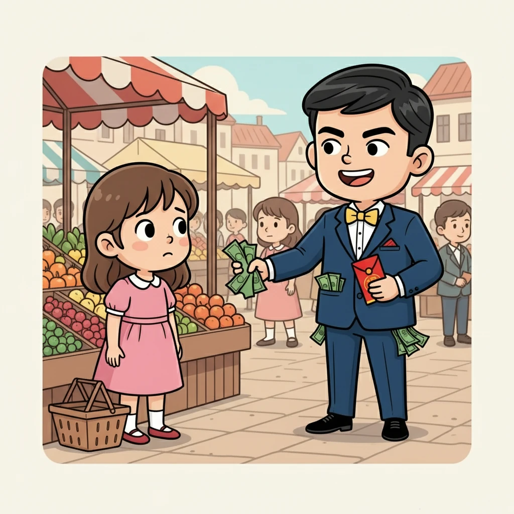 Alex approaches Lily, offering to help. He pulls out a wad of crumpled cash and a red envelope from his pocket, eager to impress her. "Let me pay for those," he says, flashing a confident smile.