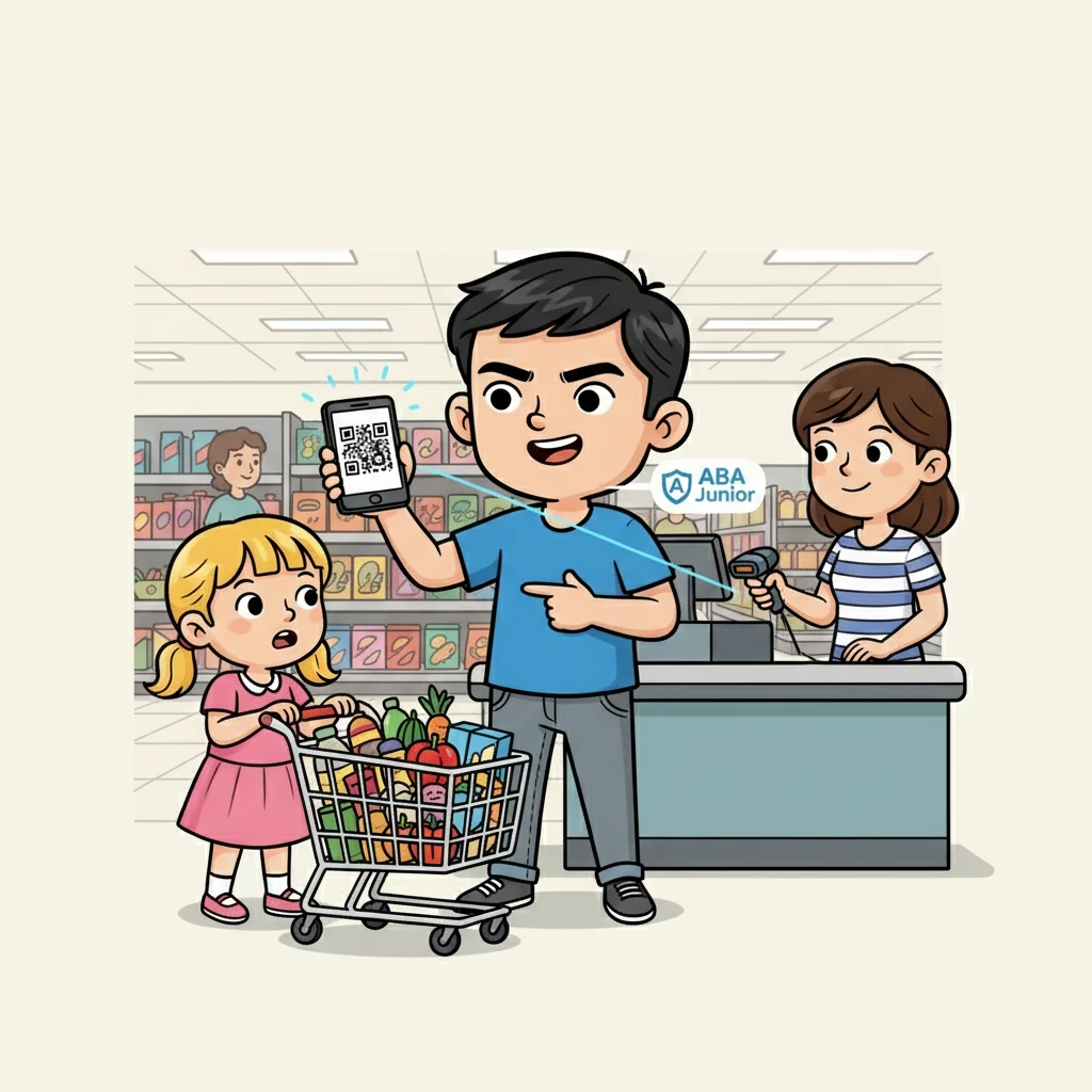 Suddenly, another boy, wearing a casual T-shirt, zips in. He holds up his phone, showing a QR code. "I've got this!" he declares, and with a swift scan, he pays for Lily's groceries using his ABA Junior account.