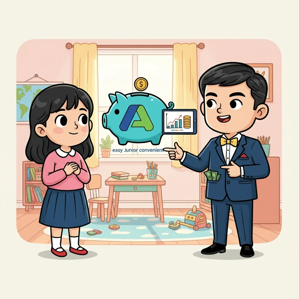 Lily looks at the boy in the T-shirt with admiration. The boy smiles, then turns to the camera, introducing the ABA Junior account. He explains how easy and convenient it is for kids.