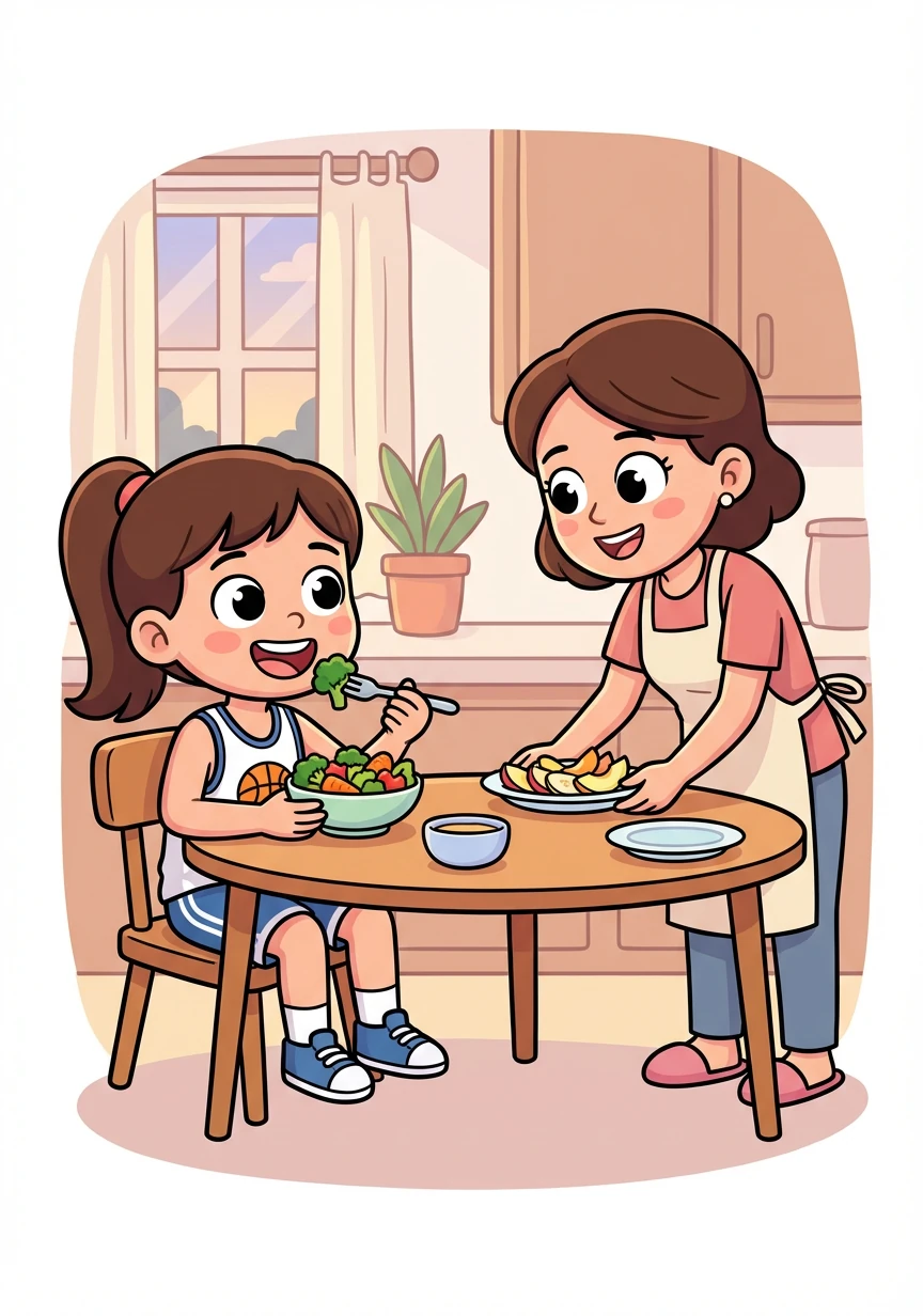After basketball, Sophia comes home and her mom has prepared a delicious and healthy dinner with lots of colorful vegetables. Sophia knows that eating well fuels her body and mind.