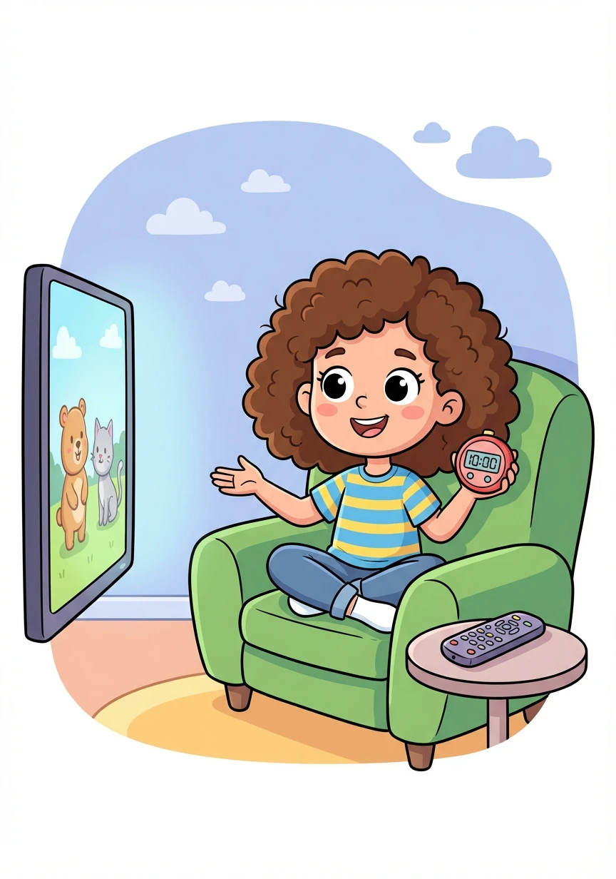Sophia enjoys watching her favorite shows, but she sets a timer to limit her screen time. She knows that too much screen time can make her feel tired and distracted.