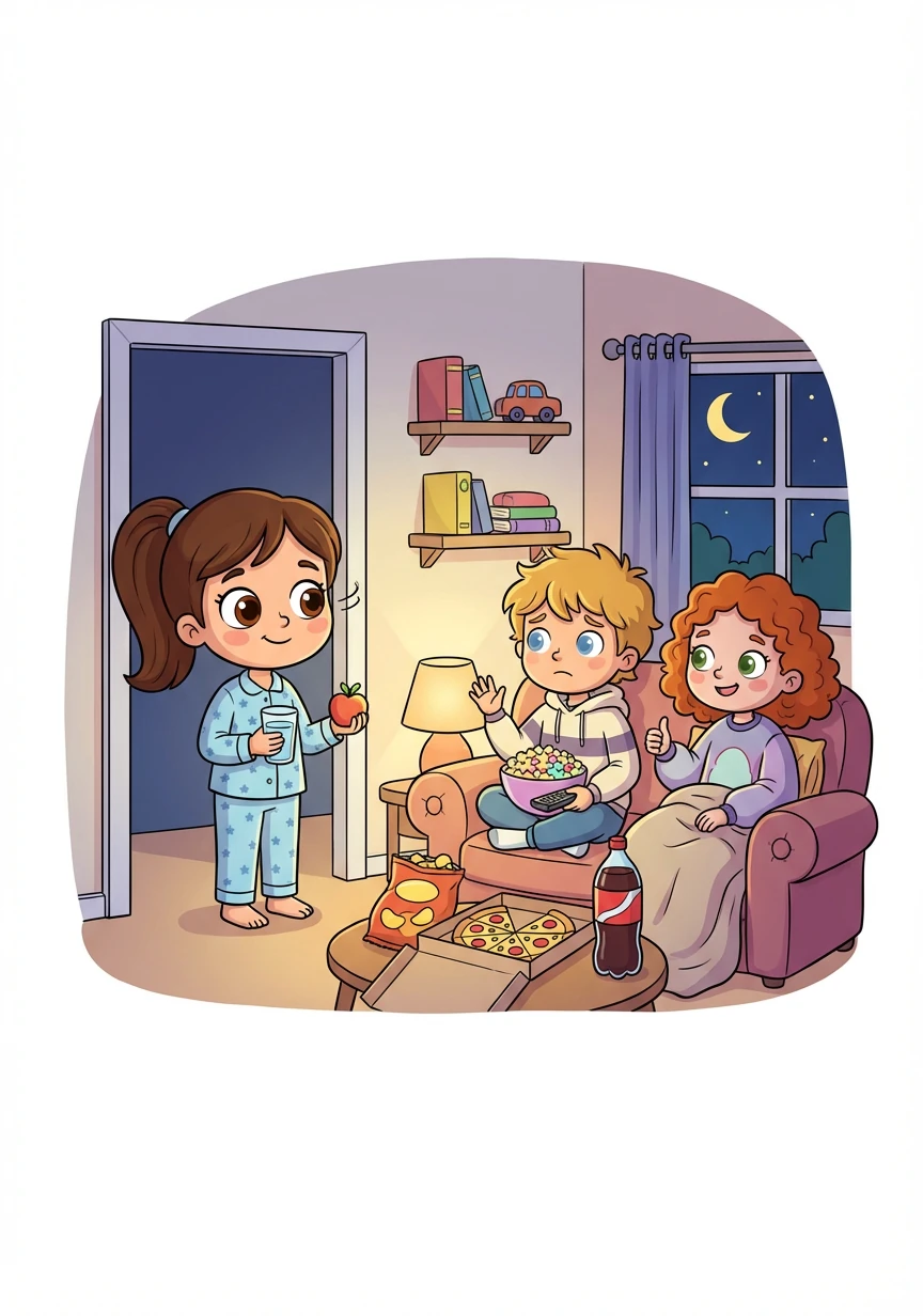 One day, Sophia's friends want her to stay up late watching movies and eating junk food. Sophia politely declines, explaining that she needs her sleep and wants to eat healthy. Her friends respect her decision.