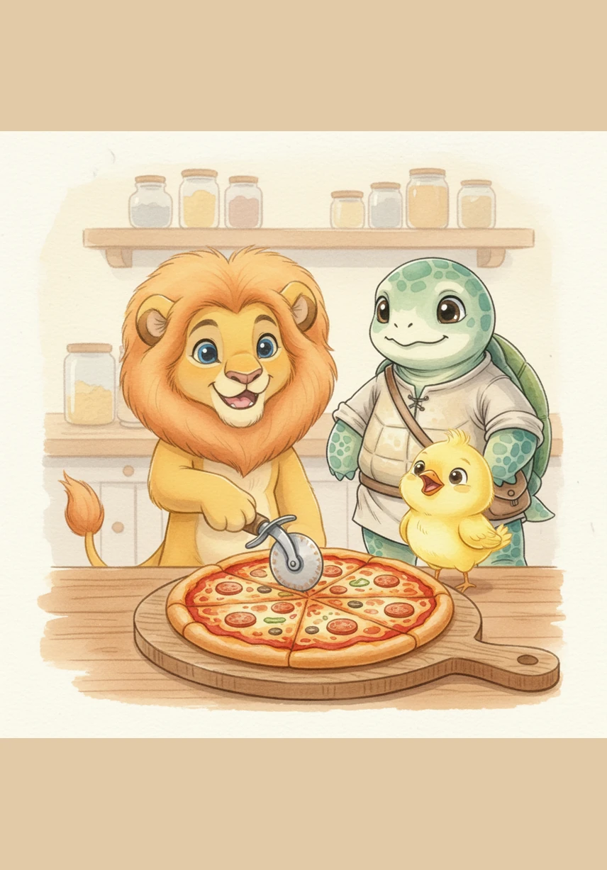 Leo uses a pizza cutter to divide the whole pizza into four equal slices. Look Pip, I made four equal parts, Leo explains. Pip chirps happily while watching the pizza turn into four perfect triangles.