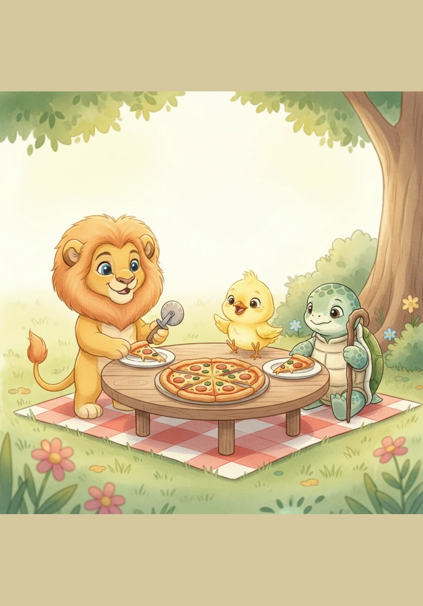 Leo puts one slice on his plate and one slice on Pip’s plate. I have one out of four pieces, which is one-fourth, Leo says. Pip looks at his plate and says, and I have one-fourth too!