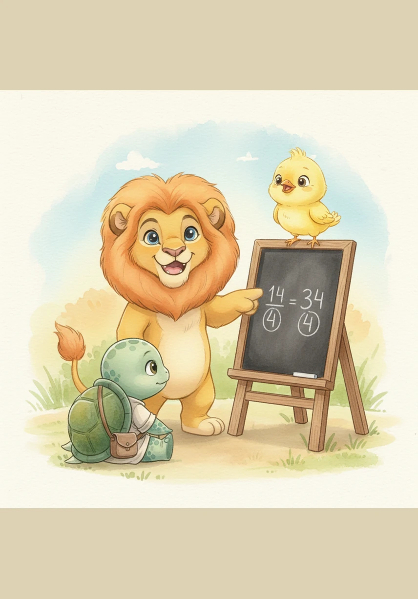 Leo points to the numbers on a small chalkboard they brought along. Since both our fractions have a four on the bottom, they are called similar fractions, he tells Pip. The bottom number tells us the pizza was cut into four pieces in total.