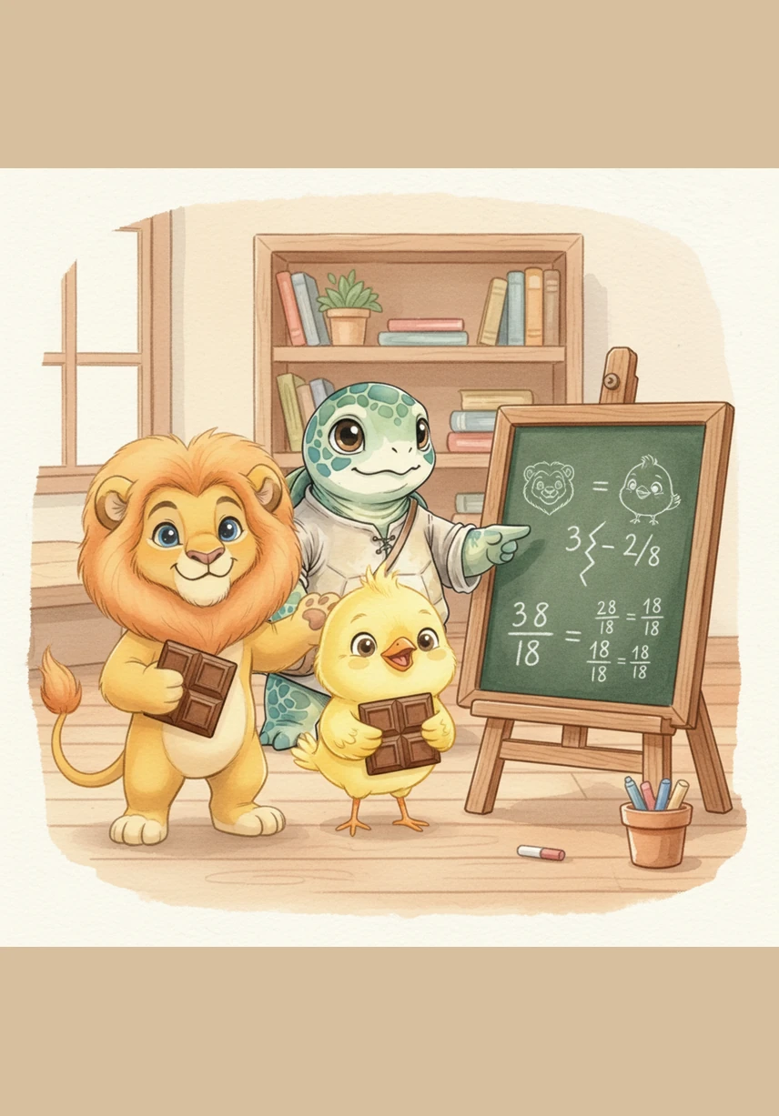 Leo takes three squares of chocolate, and Pip takes two squares. Leo writes down 3/8 for himself and 2/8 for Pip on the chalkboard. Even though we have different amounts, our fractions are still similar, Leo explains.