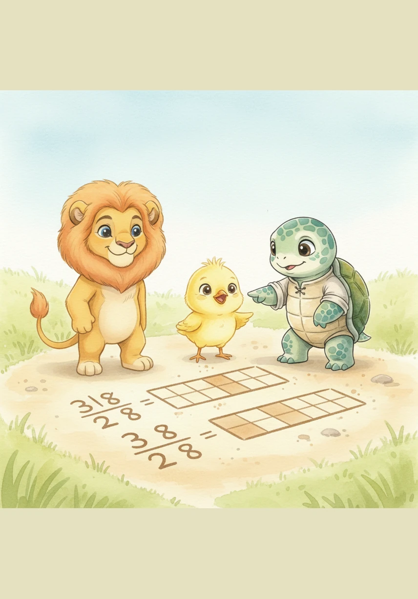 Pip looks at the numbers 3/8 and 2/8 and notices the bottom number, eight, is the same for both. I see it now, they are similar because they both come from the same eight-piece bar, Pip chirps excitedly.