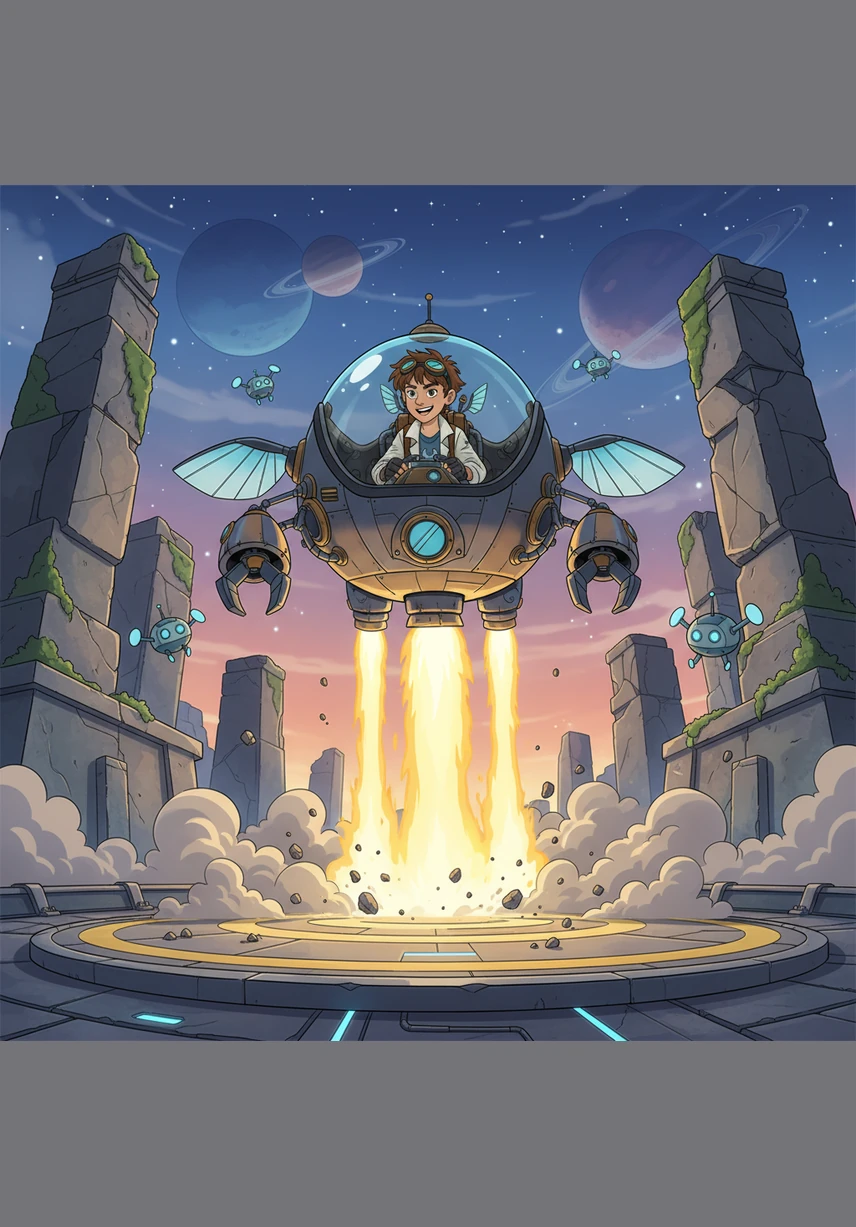 The Rino Explorer ignites its powerful engines, soaring into the vast and vibrant Art Universe. Rino sits confidently at the helm with her goggles on, facing a giant holographic canvas that flickers with potential. Their mission is to decode the hidden colors buried deep within her creative soul.