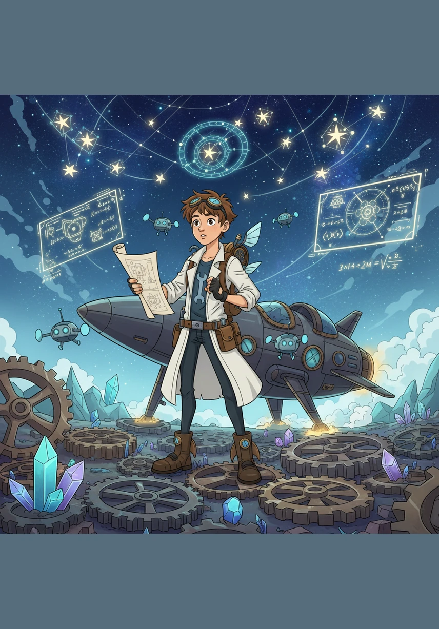 The ship touches down on a mysterious planet filled with spinning gears and glowing geometric shapes. As a flexible inventor, Rino carefully deconstructs the logic of the stars to understand their inner workings. Her mind acts as a high-tech laboratory where every dream is constructed with curiosity and precision.