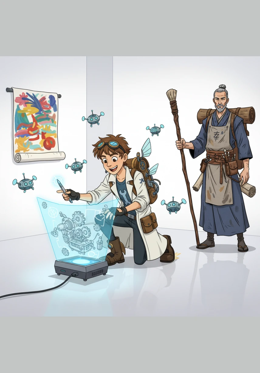 In a pristine, white studio, a floating screen displays a personalized path designed just for her. The phrases Orderly Destruction and Experiment over Practice become her new guiding stars for the journey ahead. In this special lab, there are no mistakes, only the beautiful birth of a brand-new discovery.