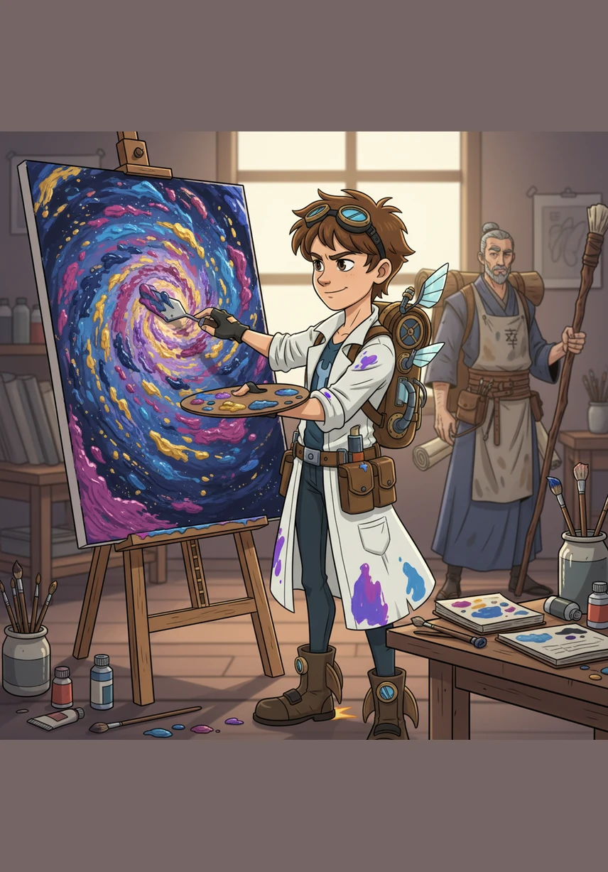 Rino swings the heavy palette knife with purpose, carving a thick and textured galaxy across the dark void. Layers of bright acrylic pile high, blending the cold logic of space with the warmth of her physical touch. This is the perfect collision where the inventor’s mind finally meets the artist’s hand.