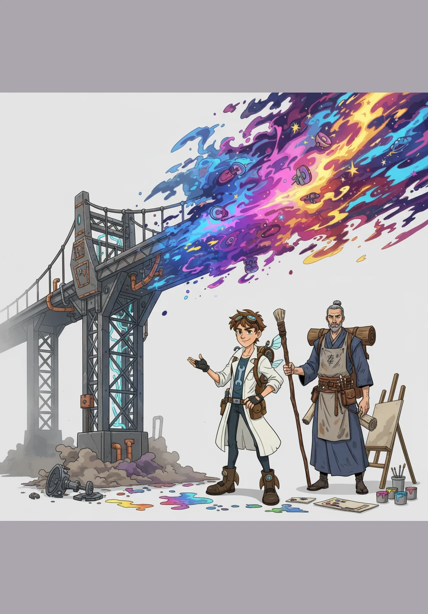 Rino stands proudly before her finished masterpiece, which serves as a bridge between two very different worlds. Rigid structures of science now dance gracefully within a wild, colorful storm of swirling stars. She has learned to analyze the world with her mind while warming it with the fire of her soul.