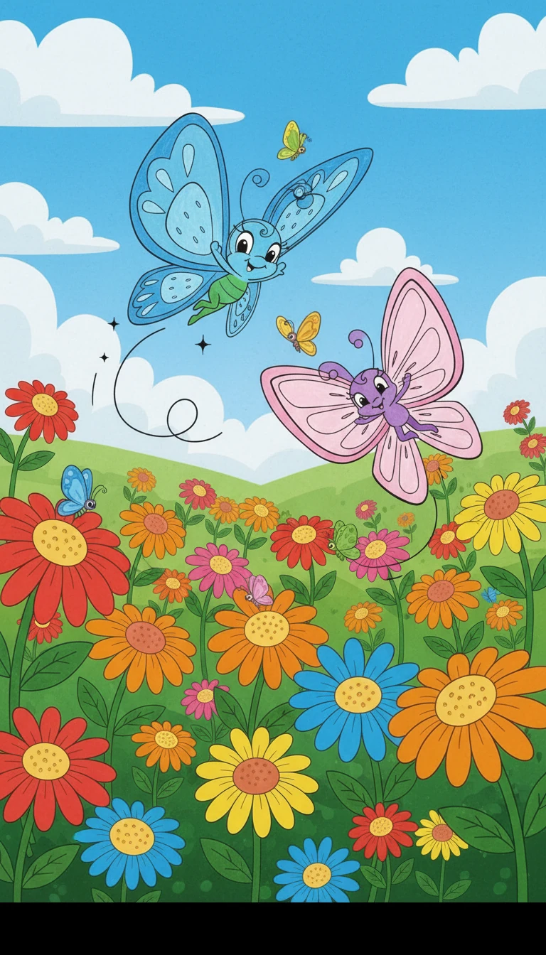 İlk olarak, rengarenk çiçeklerle dolu bir çayırda dolaştılar. Çiçekler, kelebeklerin kanatlarına konup onlarla dans ediyordu.