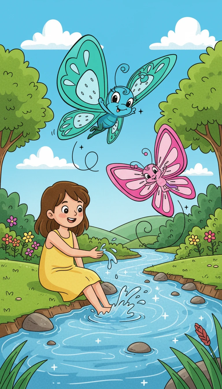 Daha sonra, şırıl şırıl akan bir dere kenarına geldiler. Alisa, dereye elini soktu ve serin sularla oynadı. Kelebekler de suyun üzerinde uçuşuyordu.
