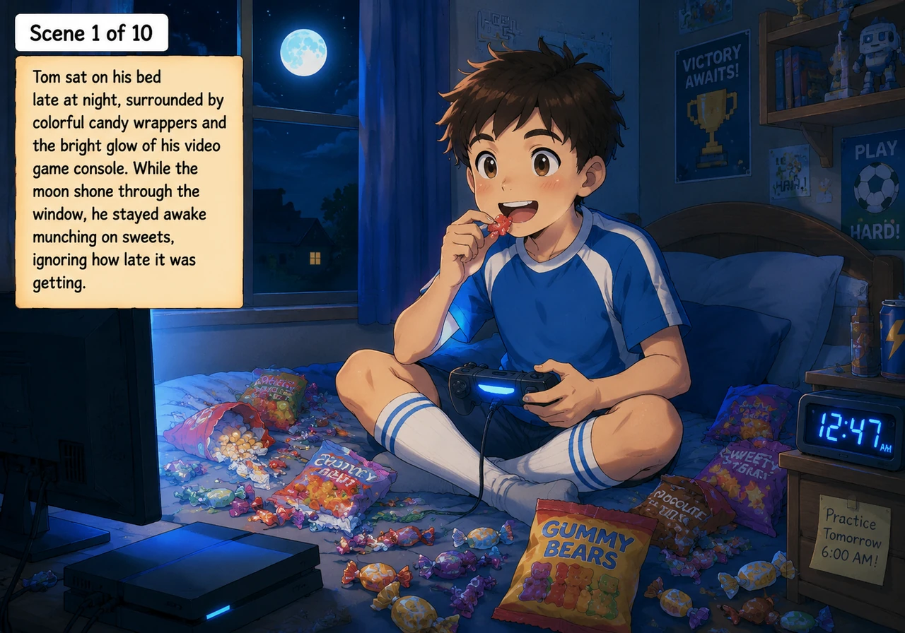 Tom sat on his bed late at night, surrounded by colorful candy wrappers and the bright glow of his video game console. While the moon shone through th