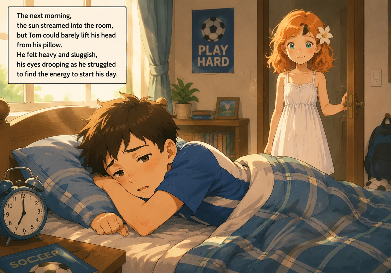 The next morning, the sun streamed into the room, but Tom could barely lift his head from his pillow. He felt heavy and sluggish, his eyes drooping as