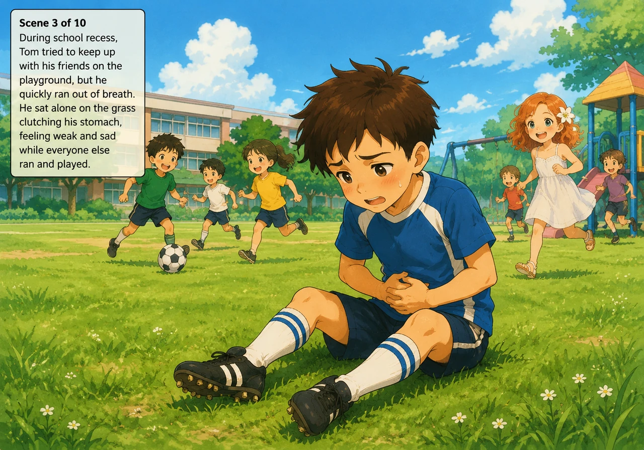 During school recess, Tom tried to keep up with his friends on the playground, but he quickly ran out of breath. He sat alone on the grass clutching h