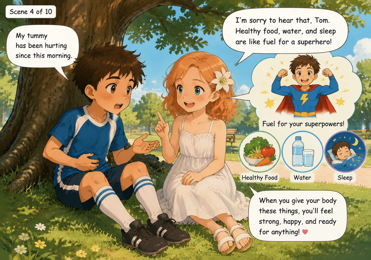 His friend Lily walked over with a kind smile and sat down beside him under a shady tree. She listened as Tom explained his tummy ache and gently told