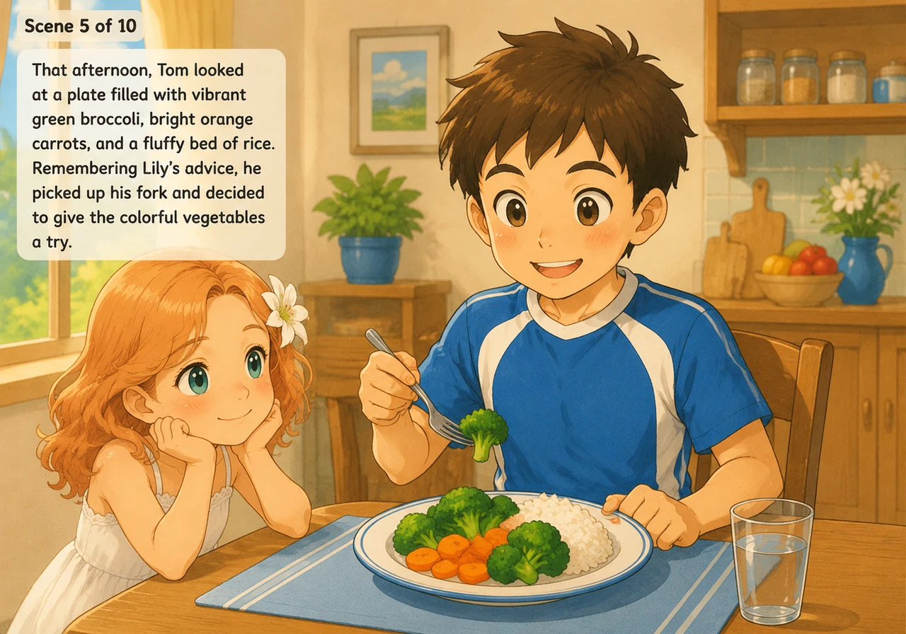That afternoon, Tom looked at a plate filled with vibrant green broccoli, bright orange carrots, and a fluffy bed of rice. Remembering Lily’s advice,