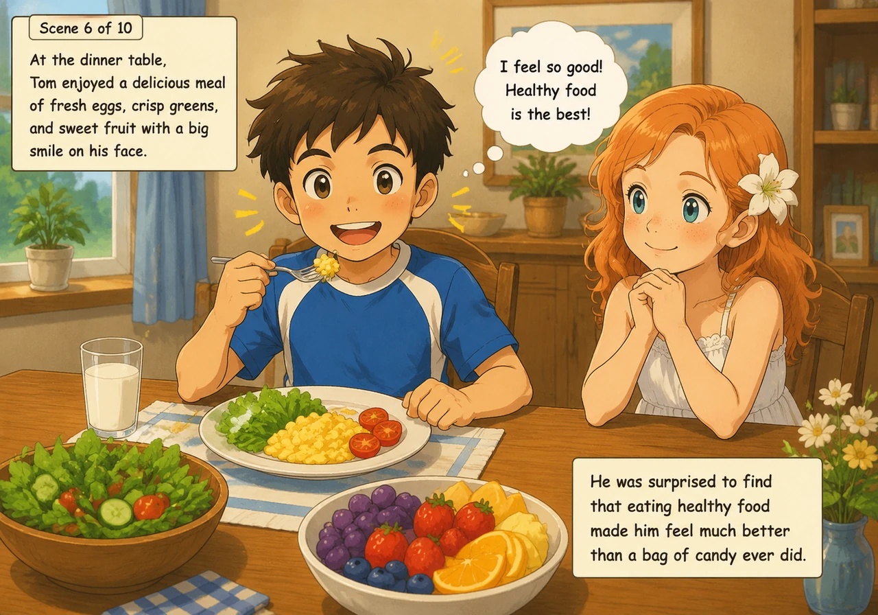 At the dinner table, Tom enjoyed a delicious meal of fresh eggs, crisp greens, and sweet fruit with a big smile on his face. He was surprised to find