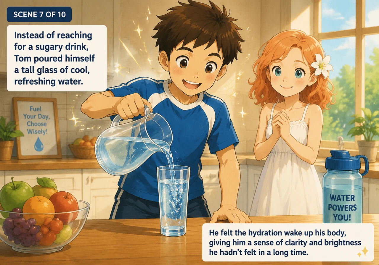 Instead of reaching for a sugary drink, Tom poured himself a tall glass of cool, refreshing water. He felt the hydration wake up his body, giving him