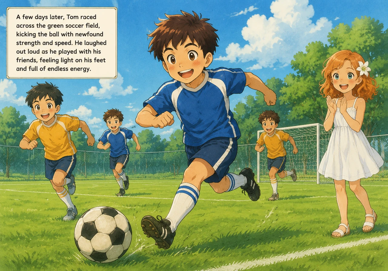 A few days later, Tom raced across the green soccer field, kicking the ball with newfound strength and speed. He laughed out loud as he played with hi